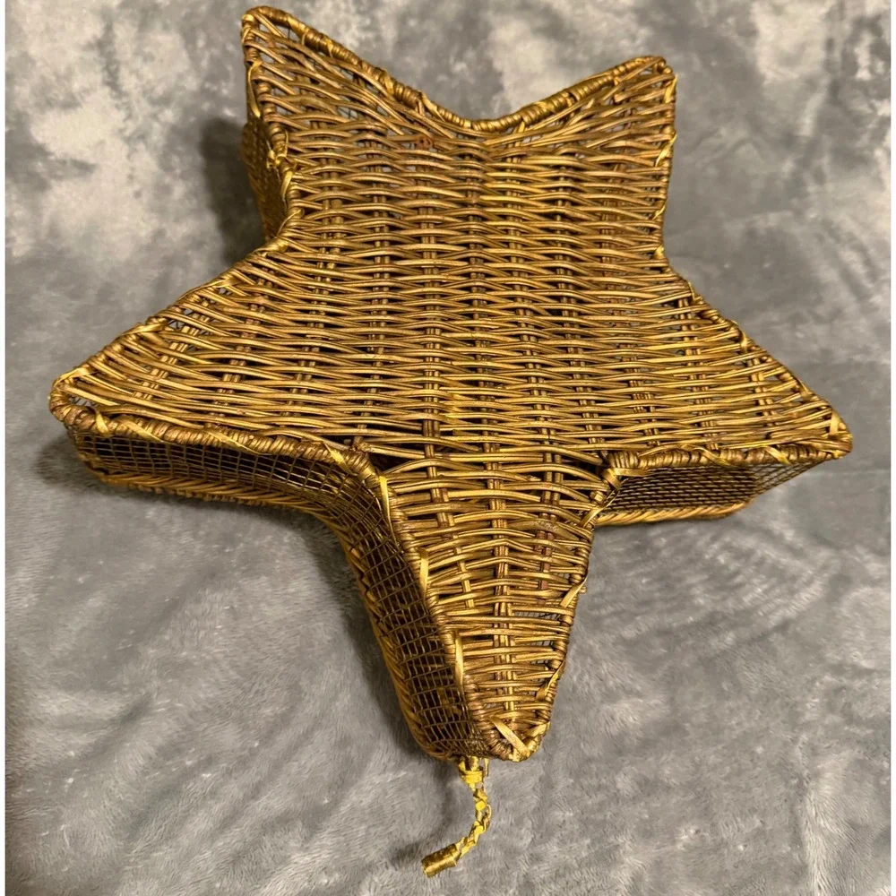 Vintage Gold Wicker Star Basket Hinged Lid Celestial Decor Gift Box Boho Star